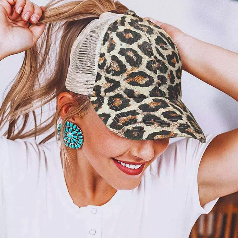 ProMindFun Womens Ponytail High Messy Bun Hats Distressed Baseball Caps Unconstructed Washed Dad Hat Girls Trucker Ponycaps (10-Brown Leopard) - Image 2